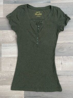 Vintage Mudd Y2K S Green Henley Button Knit Short Sleeve T Shirt